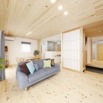 杉の天井板と床のフローリングが統一感を増します。玄関と奥の和室も一体で繋がります。