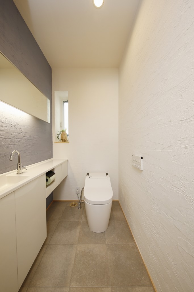 やや広い間口のトイレです。この一面のみ漆喰の色を変えました。
