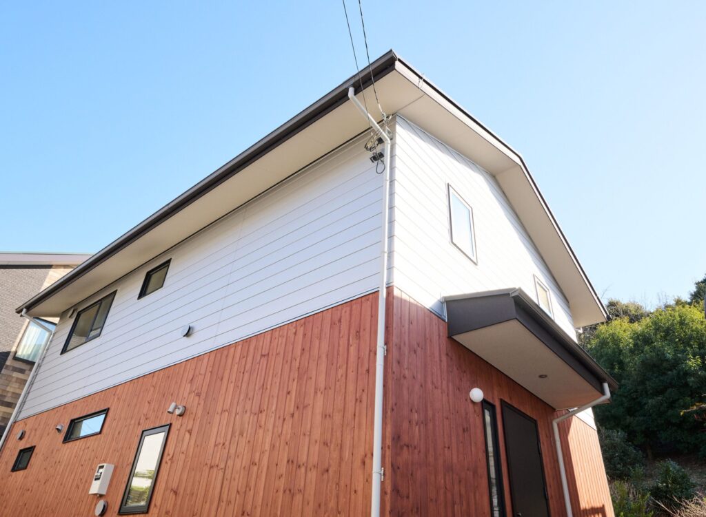 杉板とガルバリウム鋼板の外壁<br />

